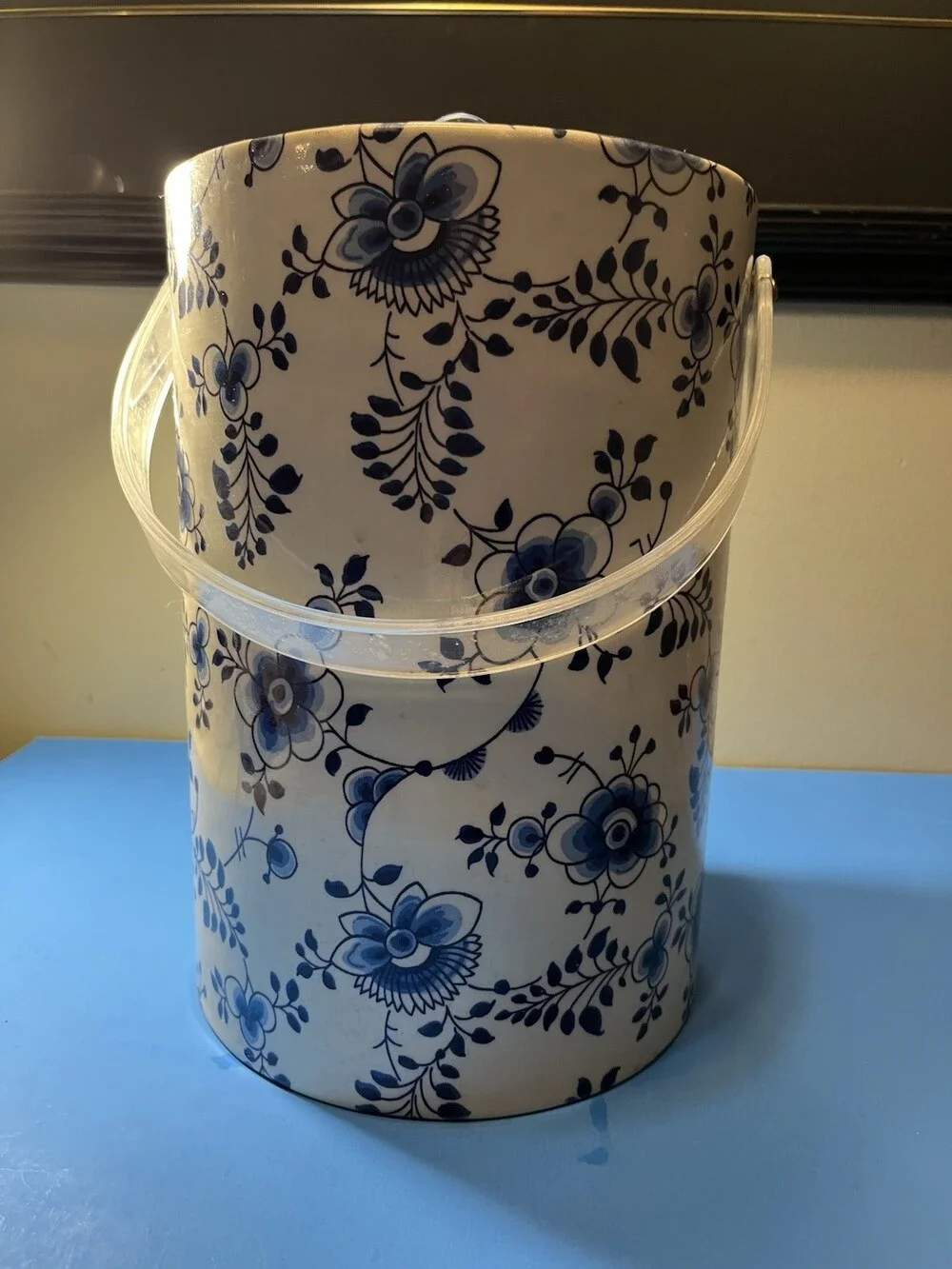Vintage Tall White & Blue Floral Ice Bucket , Delft Blue